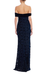 Navy | Off-Shoulder Velvet & Burnout Lace Column Gown Back