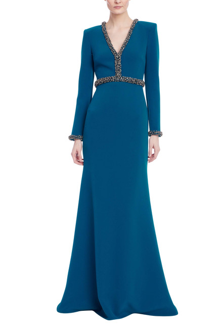 Peacock | Long Sleeve Teal Gown with Beaded Trim Front