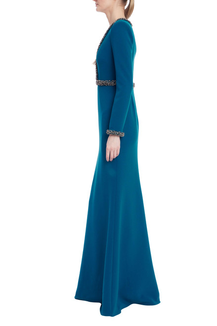Peacock | Long Sleeve Teal Gown with Beaded Trim Side