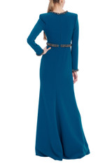 Peacock | Long Sleeve Teal Gown with Beaded Trim Back