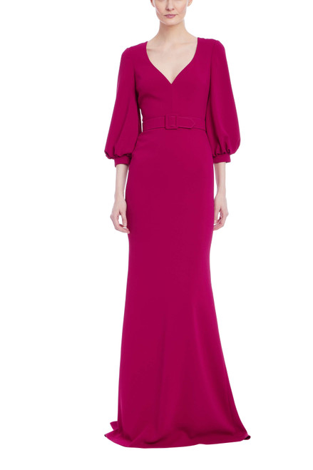 Raspberry | Belted Column Gown with Puff Sleeves Front