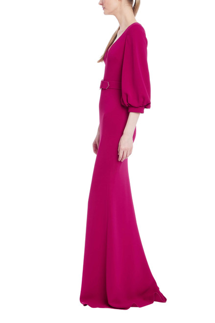 Raspberry | Belted Column Gown with Puff Sleeves Side