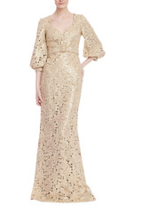 Gold | Gold Embroidered Lace Puff Sleeve Gown Front