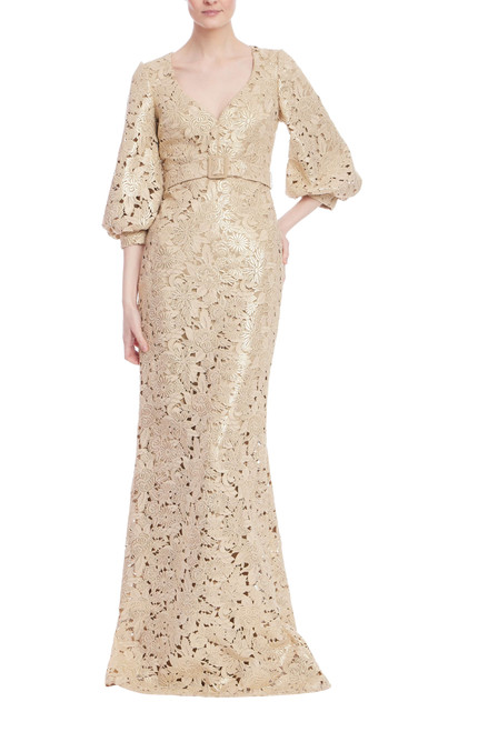 Gold | Gold Embroidered Lace Puff Sleeve Gown Front