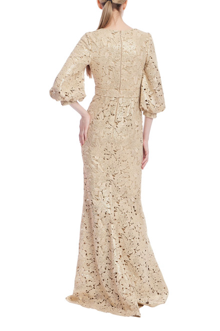 Gold | Gold Embroidered Lace Puff Sleeve Gown Back
