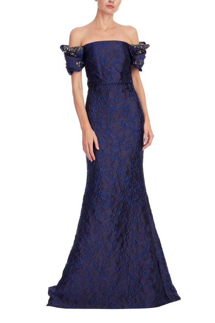 Cobalt | Beaded Off Shoulder Jacquard Mermaid Gown Front