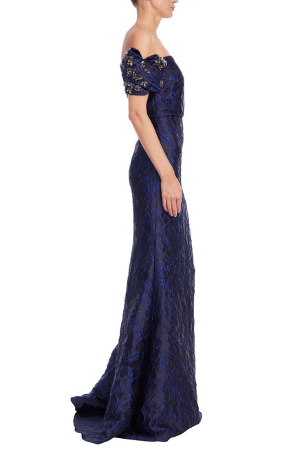 Cobalt | Beaded Off Shoulder Jacquard Mermaid Gown Side