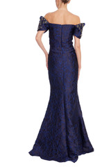 Cobalt | Beaded Off Shoulder Jacquard Mermaid Gown Back