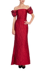 Red | Beaded Off Shoulder Jacquard Mermaid Gown Front