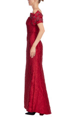 Red | Beaded Off Shoulder Jacquard Mermaid Gown Side