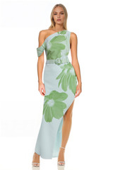 Green Multi | Elena Draped One Shoulder Sheath Gown Front