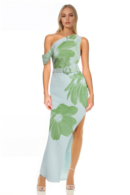 Green Multi | Elena Draped One Shoulder Sheath Gown Front