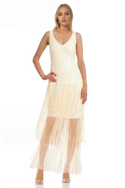 Buttercream | Emilia Tiered Sequin Fringe V-Neck Dress Front
