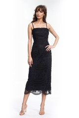 Black | Irene Black Lace Fitted Midi Dress Front