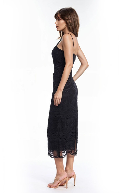 Black | Irene Black Lace Fitted Midi Dress Side