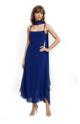 Navy | Janie Square Neck Midi Dress with Chiffon Scarf Detail Front