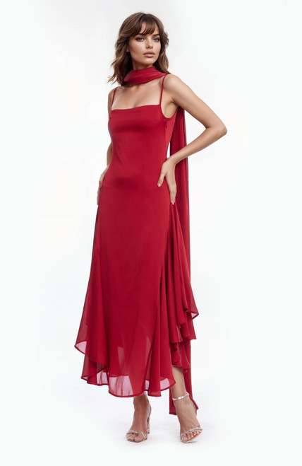 Red | Janie Square Neck Midi Dress with Chiffon Scarf Detail Front