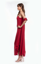 Red | Janie Square Neck Midi Dress with Chiffon Scarf Detail Side
