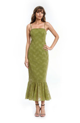 Green | Josie Floral Jacquard Midi Dress with Ruffle Hem Front