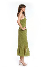 Green | Josie Floral Jacquard Midi Dress with Ruffle Hem Side