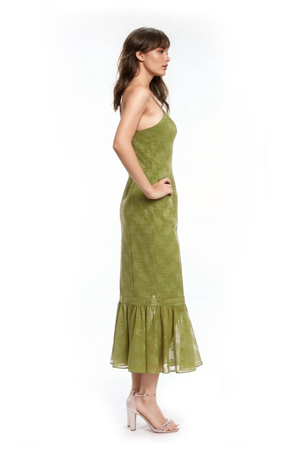 Green | Josie Floral Jacquard Midi Dress with Ruffle Hem Side