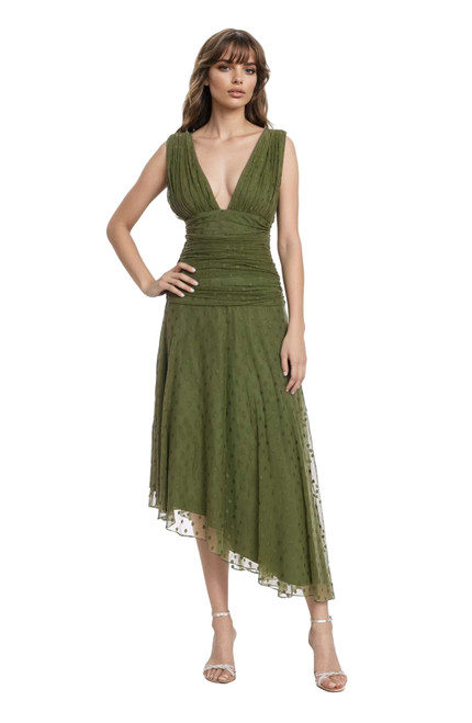 Forest Green | Katie Draped V-Neck Asymmetrical Hem Dress Front