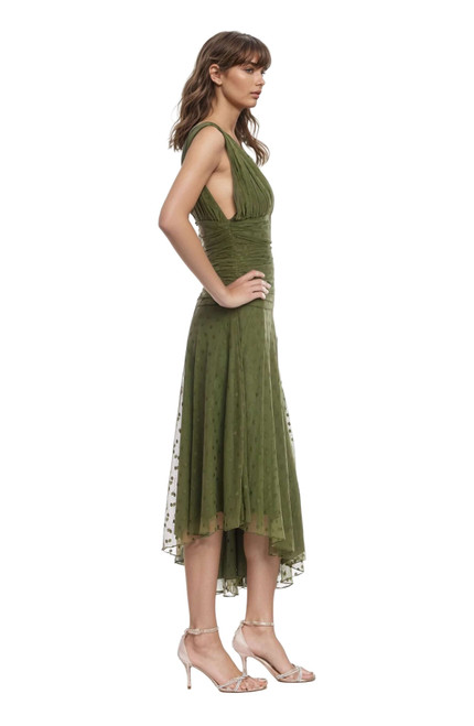 Forest Green | Katie Draped V-Neck Asymmetrical Hem Dress Side
