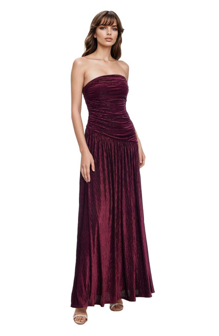Wine | Katia Strapless Ruched Bodice Pleated Gown Front