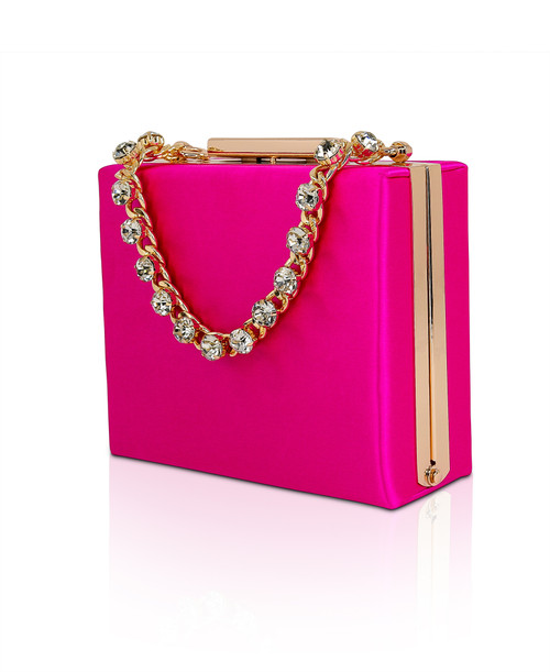 Neon Pink | Billie Mini Box Clutch with Rhinestone Wristlet