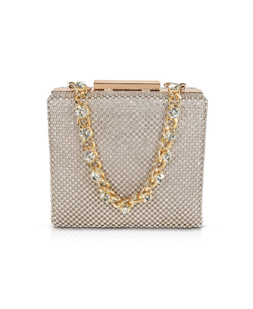 Gold | Katie Crystal Mini Box Clutch with Rhinestone Inset Chain