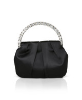 Black | Audrey Pleated Satin Pouch with Halfmoon Crystal Handle