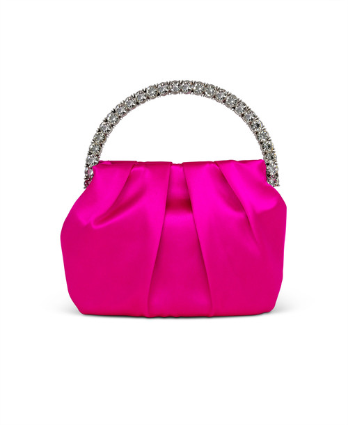 Neon Pink | Audrey Pleated Satin Pouch with Halfmoon Crystal Handle