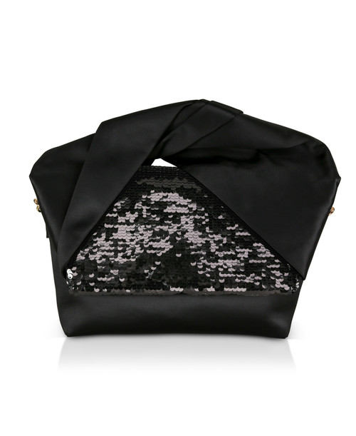Black | Zooey Large Bow Handle Clutch With Sequin Flap