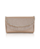 Gold | Talia Satin Double Flap Clutch with Crystal Trim Front