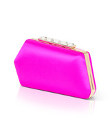 Neon Pink | Riley Satin Minaudiere with Crystal Bar Clasp Side
