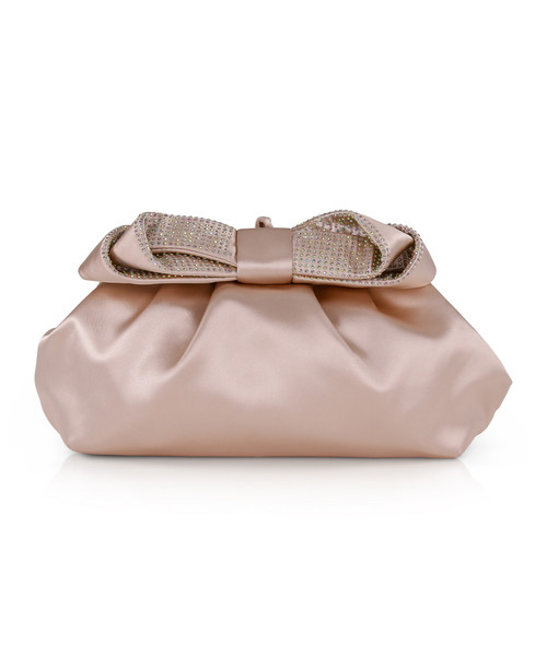 Champagne | Posey Satin Bow Pouch Clutch Front