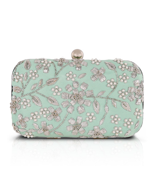Lt Mint Green | Clover Beaded Floral Minaudiere Front