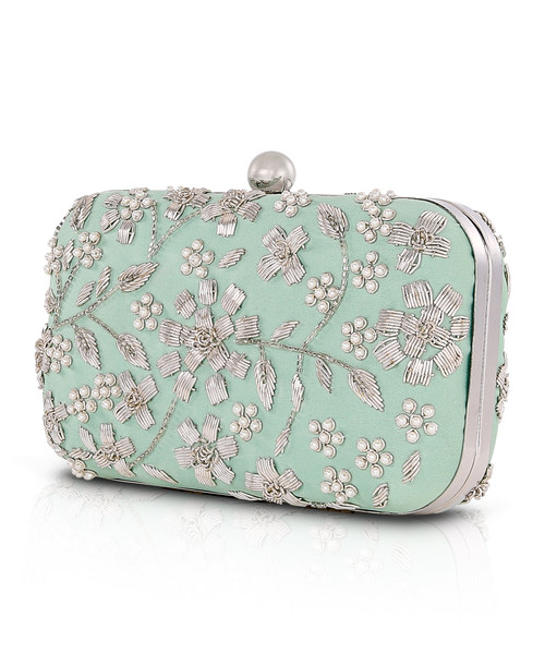 Lt Mint Green | Clover Beaded Floral Minaudiere Side