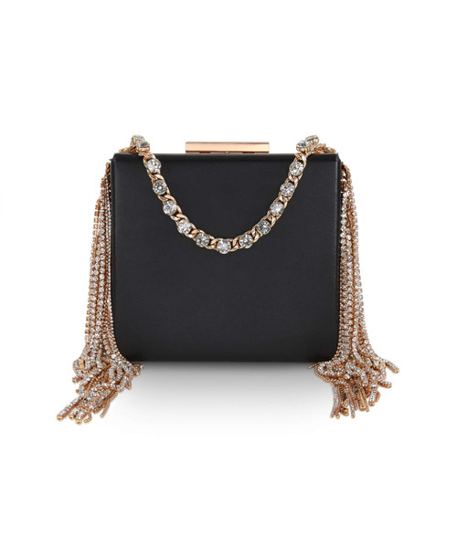 Black | Ryker Crystal Fringe Box Clutch Front