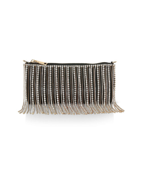 Black | Piper Top Zip Crystal Fringe Leather Crossbody Front