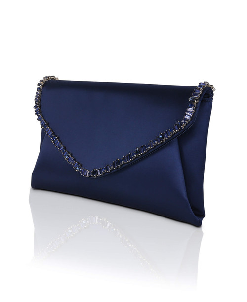Navy | Mika Mixed Crystal Satin Envelope Clutch Side