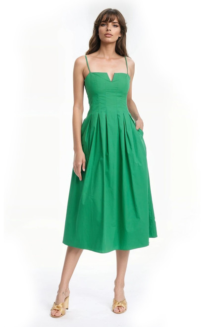 Green | Hallie Pleated Cotton Poplin Midi Dress Front
