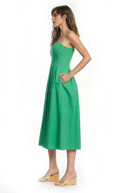 Green | Hallie Pleated Cotton Poplin Midi Dress Side