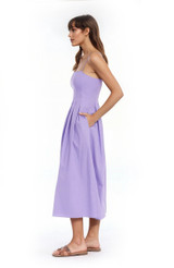Lavender | Hallie Pleated Cotton Poplin Midi Dress Side