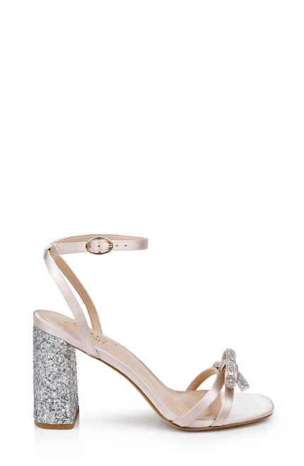 Champagne | Hillary Block Heel Sandal with Rhinestone Bow