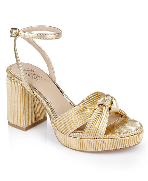 Gold Fabric | Tyler Ribbed Open Toe Block Heels Front Side