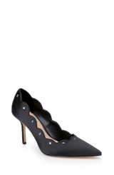 Black | Eleni Satin Pointed Toe Scallop Pumps Front Side