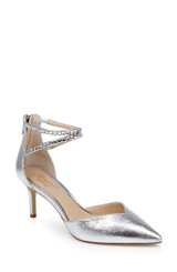 Silver Textile | Emmie Crystal Embellished Ankle Strap Pumps Front Side
