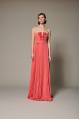 Coral | Strapless Coral Pleated Gown with Beaded Bodice Model