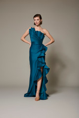 Peacock | Cascade Ruffle One-Shoulder Mikado Gown Model